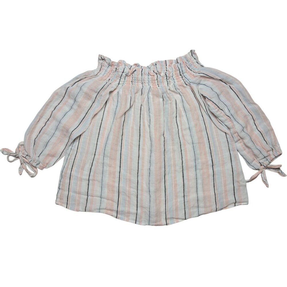 Vince Camuto Crop Top Womens XS Pink Linen Striped Flowy Off The Shoulder Blouse